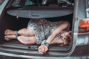  Woman with tied hands inside car trunk - kidnapping