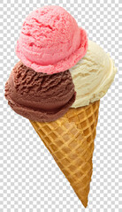 Vanilla, strawberry and chocolate ice cream scoops with cone on isolated background including clipping path
