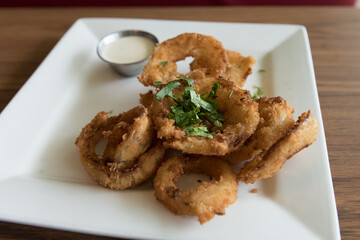 Kuala Lumpur, Federal Territory / Malaysia - February 24, 2017: A platter of deep fried onion ring with cuts of cilantro on top served in white square shape plate with side dip.