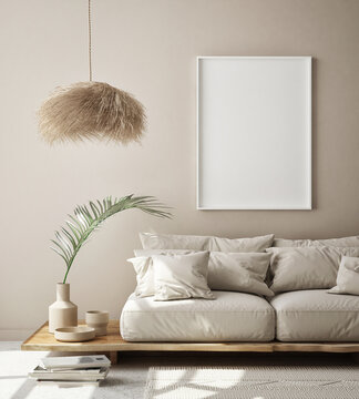 mock up poster frame in modern interior background, living room, Scandinavian style, 3D render, 3D illustration © mtlapcevic