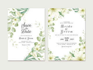Wedding invitation template set with soft watercolor floral border decoration. Botanic illustration for card composition design