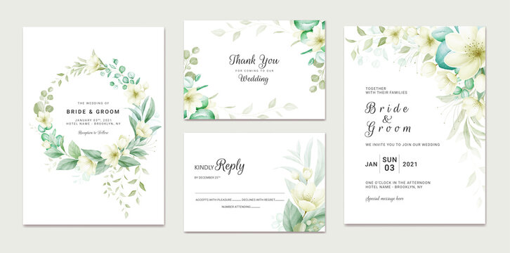 Wedding invitation template set with soft watercolor floral frame and border decoration. Botanic illustration for card composition design