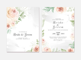 Wedding invitation template set with soft watercolor roses and eucalyptus. Botanic illustration for card composition design