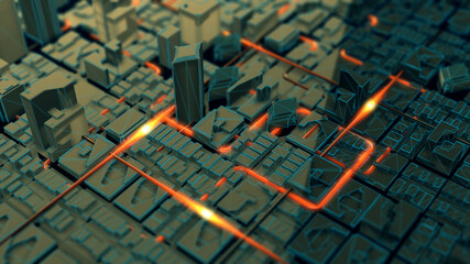 Artificial Intelligence AI data transmission futuristic city engineering abstract technology computer digital network wired database. 3D visualization development transferring data energy.