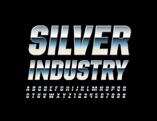 Vector metal logo Silver industry with Luxury Reflective Font. Chrome Alphabet letters and Numbers