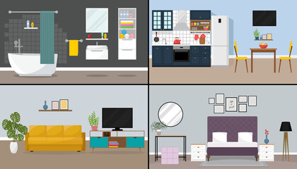 House interior. Set of home room - kitchen, living room, bedroom, bathroom. Flat style illustration design template
