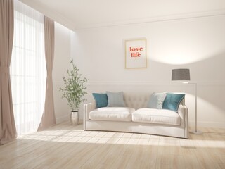 modern room with sofa,pillows,lamp,plants and curtains interior design. 3D illustration