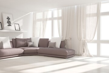 modern room with sofa,pillows,shelves with frames and curtains interior design. 3D illustration