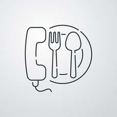 Concepto reparto de comida a domicilio. Icono plano lineal auricular de teléfono con plato de comida y cubiertos en fondo gris