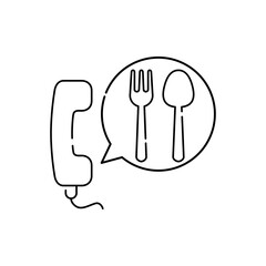 Concepto reparto de comida a domicilio. Icono plano lineal auricular de teléfono con cubiertos en burbuja de habla en color negro
