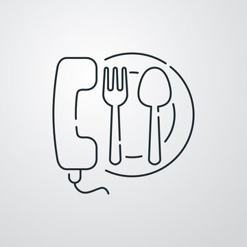 recommend clip art: Concepto reparto de comida a domicilio. Icono plano lineal auricular de teléfono con plato de comida y cubiertos en fondo gris