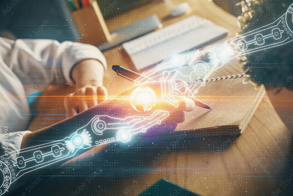 Poster Multi exposure of woman's hands on background with technology and digital coding icons. Data development concept.