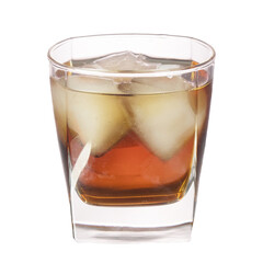 Whiskey with ice cubes. Isolated on white