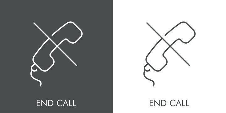 Icono plano lineal texto end call con auricular de teléfono con raya en fondo gris y fondo blanco