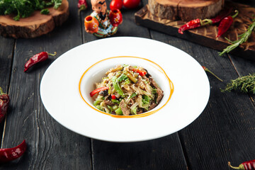 Gourmet udon noodles with vegetables and chicken