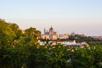 Photo of Almudena cathedral skyline in Madrid surrounded by trees