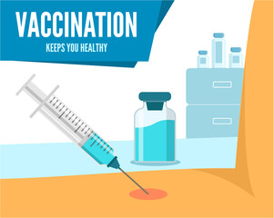 Vaccination Poster. Keep your health. A syringe puts an injection into a person s hand. Vector illustration, flat style. Isolated on white background.