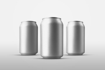 Set of small tin cans with an alcoholic drink with drops of water, a mockup standing in the background for advertising.