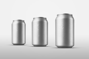 Mockup of small tin cans standing next to the condensate and water drops, for the presentation of design and pattern.