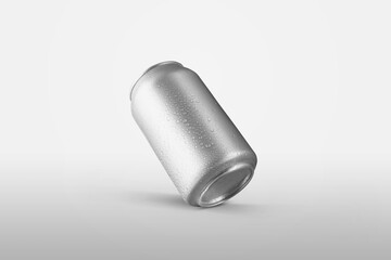 Mockup of a small tin can for a refreshing soda or water with drops of condensate, an empty aluminum bottle for design presentation.