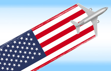 3d illustration of a background United States travel concept. flag with plane