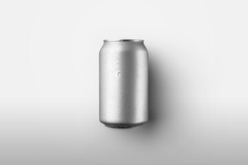 A template of a cylindrical aluminum can with a refreshing drink and drops of water, located on a...