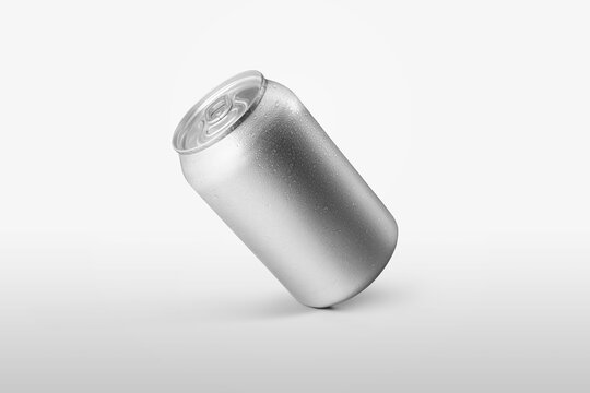 Template of a small aluminum bottle for lemonade with condensate and drops of water.