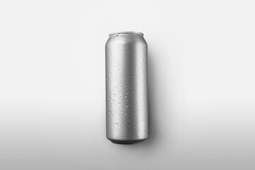Mockup can with condensate and drops for presentation of design and pattern, container for soda or tonic.
