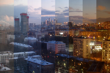 Time-lapse collage of slices of different times. Lighting of the city at different times of the day. Moscow. Russia. 