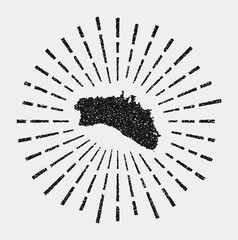 Vintage map of Minorca. Grunge sunburst around the island. Black Minorca shape with sun rays on white background. Vector illustration.