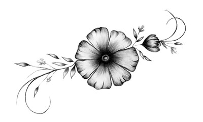 hand drawn black and white flower decoration, elegant floral design isolated on white, pencil drawing illustration