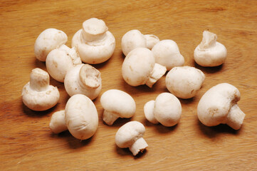 Many Mushrooms on Wooden Table