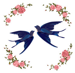 Swallow and flowers vector illustration. bird flying, bird silhouette, bird vector.