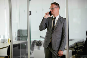 Businessman in office. Handsome man talking on phone at work	