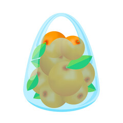 orange fruit in bag plastic isolated on white background, orange fruit bunch in packaging bag, oranges fruit in bag handle for clip art, an orange in clear plastic bag