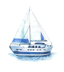 Watercolor yacht, ship, boat. Ship on the sea.