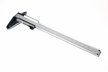 Close up of vernier caliper on white background .
