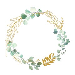 Watercolor hand painted leaves frame.Watercolor floral illustration with branches -  for wedding invite, stationary, greetings, wallpapers, background.