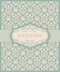 Template greeting card, invitation and advertising banner, brochure with frame. Vintage Invitation or wedding card with damask pattern. Vector