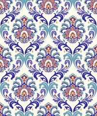 Vintage seamless damask pattern. Colorful Tile in turkish style. Hand drawn floral background. Wallpaper in Victorian style. Islam, Arabic, Indian, Ottoman motif. Vector illustration