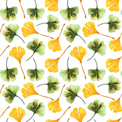 Watercolor seamless pattern with Ginkgo biloba leaves on a white background. Simple print with green and yellow ginkgo leaves.