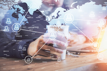 Media network theme hologram with man working on computer on background. Concept of internet communication. Double exposure.