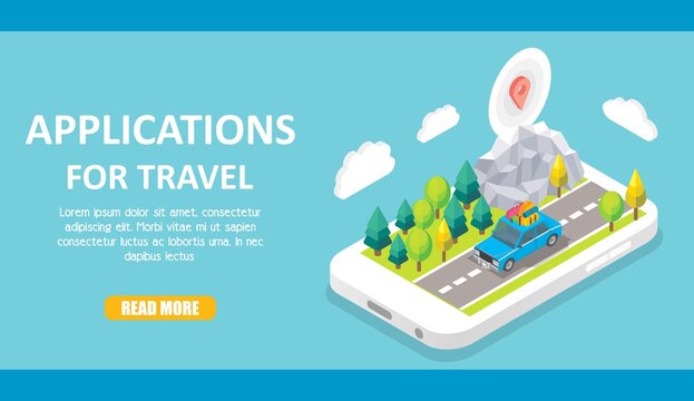 Applications for travel banner, web template. Vector isometric smartphone with car going down the highway, woodland, map marker on top of mountain on screen, copy space, read more button.