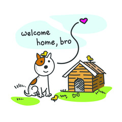 vector illustration postcard cute cartoon dog near his booth