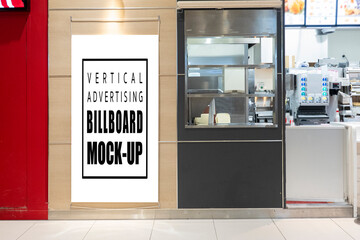 Mock up blank vertical advertising flag at food court