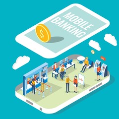 Obraz premium Mobile banking vector flat 3d isometric illustration. Bank employees and customers are located inside smartphone. Use of mobile device to perform online banking transactions concept design element.