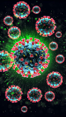 3d render of pathogenic virus organism or bacteria infecting and causing disease. Close up from microscope of coronavirus.