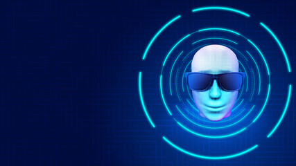 3D rendering human head with sunglasses, AI artificial intelligence concept digital technology...