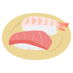お皿に乗ってるマグロと茹でた海老の握り寿司のイラスト。
