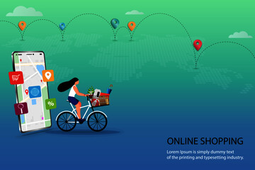 Concept of online shopping, young woman riding a bicycle to pick up the goods at store that already ordered from phone's application and select option pick up at store.